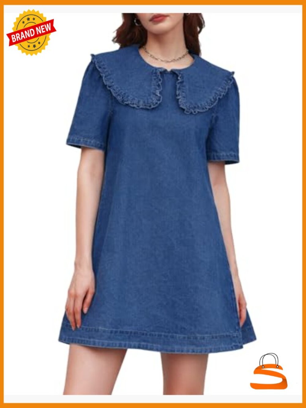 Peter Pan Collar Denim Mini Dress with Pockets Casual Summer - Picture 4 of 7